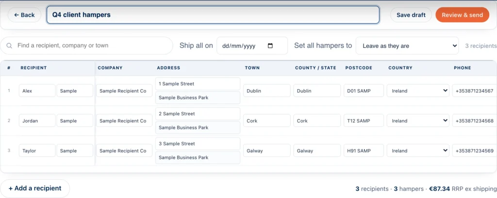 The corporate order editor showing an editable table of sample recipients with name, company, address, town, county, postcode, country and phone columns